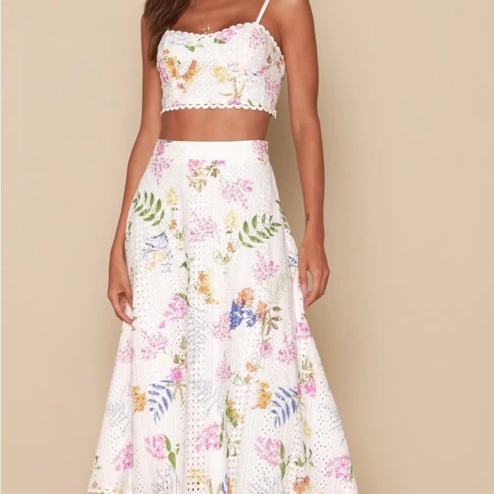 Lulu's White Eyelet Maxi Skirt & Top set, Pink & Multicolor Floral Print, M